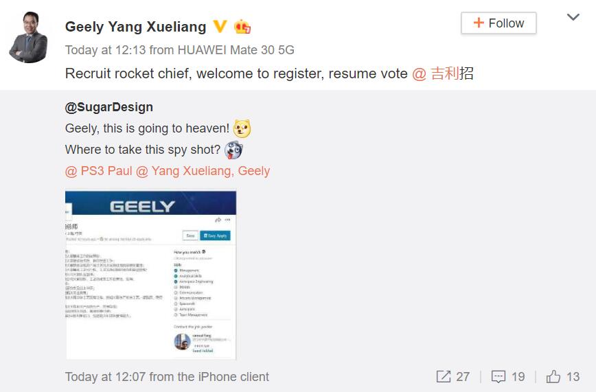 Chinese automaker Geely is hiring rocket chief engineer