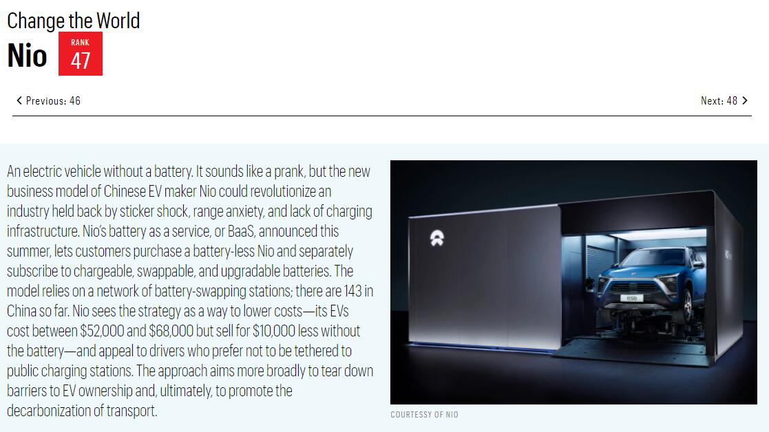 Chinese EV maker Nio named to Fortune's 2020 Change the World list