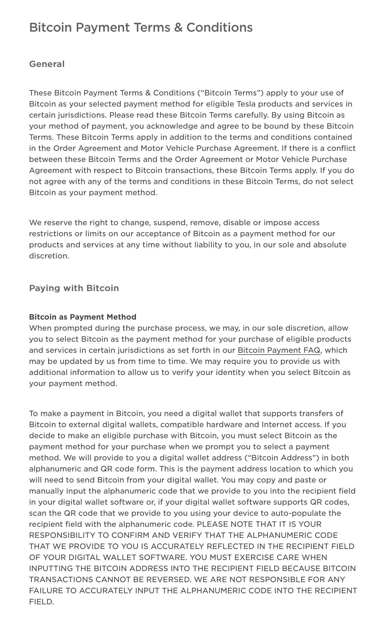 Tesla's US website supports using Bitcoin to pay