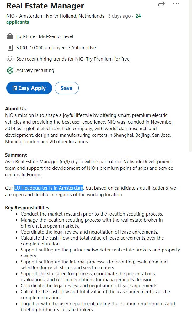 Nio ramps up hiring in Europe, confirms Amsterdam as EU headquarters