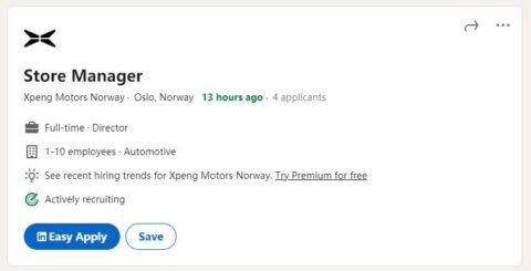 Xpeng may build directly managed stores in Norway, new job ad hints