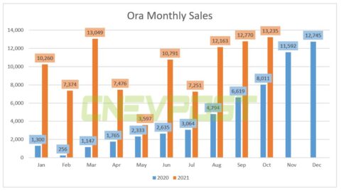Great Wall Motor's Ora brand sold 13,235 vehicles in Oct, up 65% from a year earlier