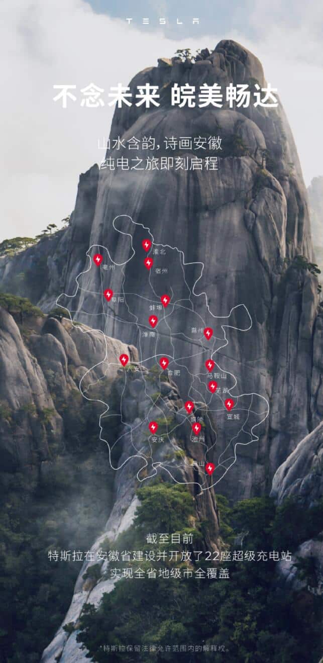 Tesla says its Supercharger network covers all cities in Anhui province