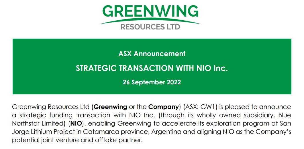 Nio takes stake in Australian lithium firm Greenwing, sending latter's share price soaring over 60%