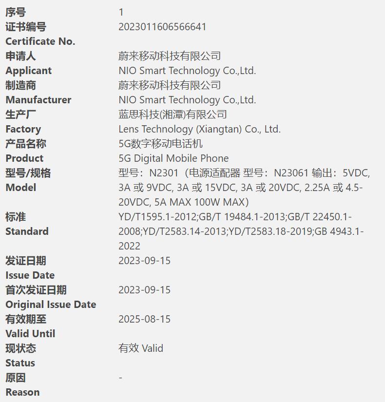 Lens Technology makes phones for Nio, CCC certificate shows