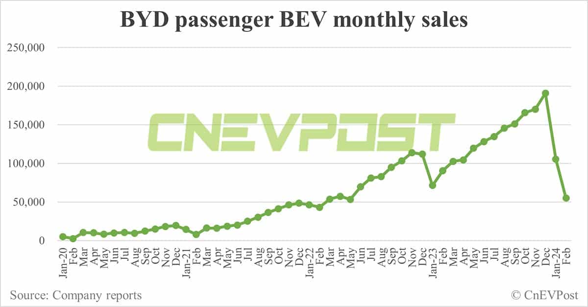 BYD sells 122,311 NEVs in Feb, down 39% from Jan