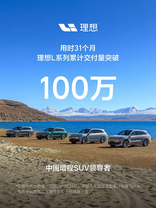 Li Auto sees deliveries of L-series EREVs cross 1 million