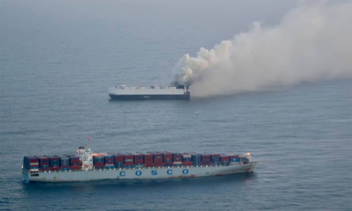 Car carrier sailing from China carrying EVs catches fire in Pacific Ocean