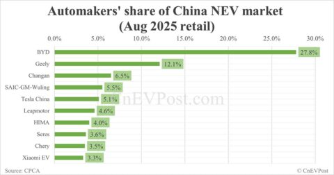 Automakers' share in China NEV market in Aug: BYD leads with 27.8%, Tesla 5th with 5.1%
