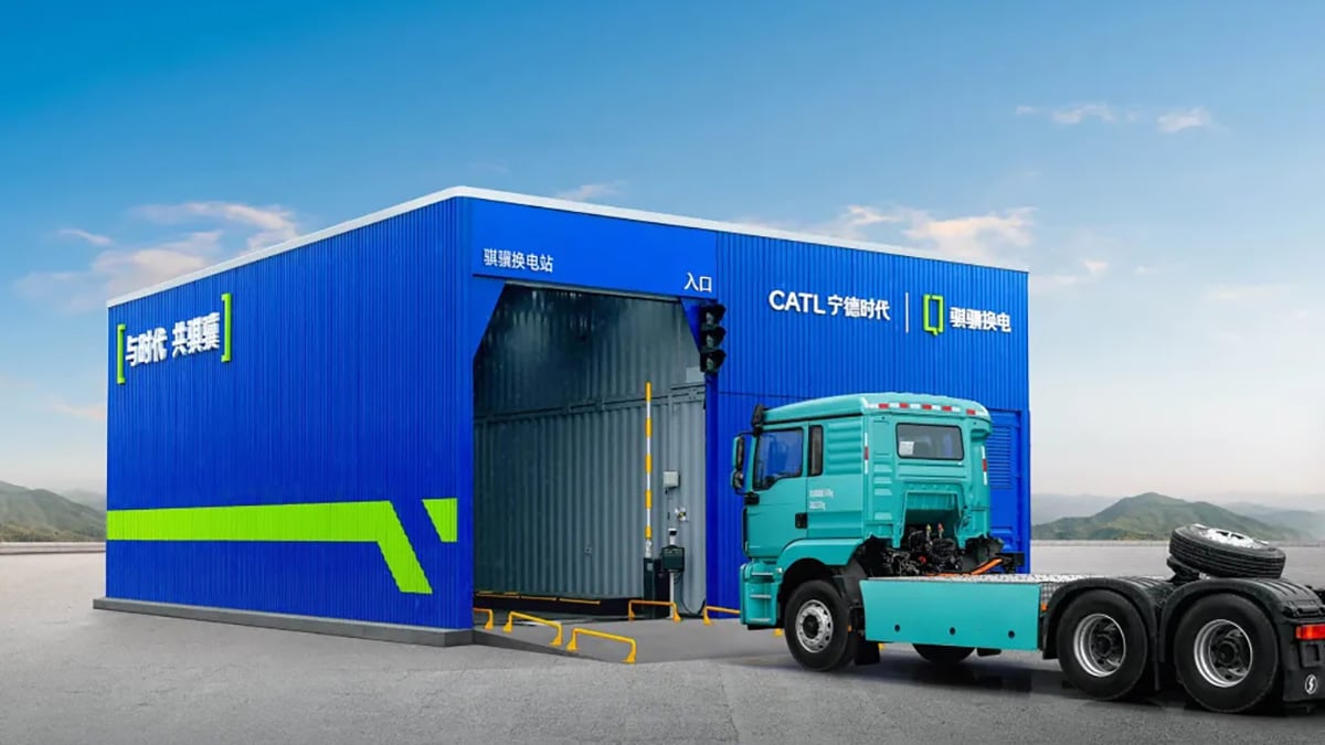A battery swap station for CATL's Qiji Energy heavy-duty truck battery swap business.