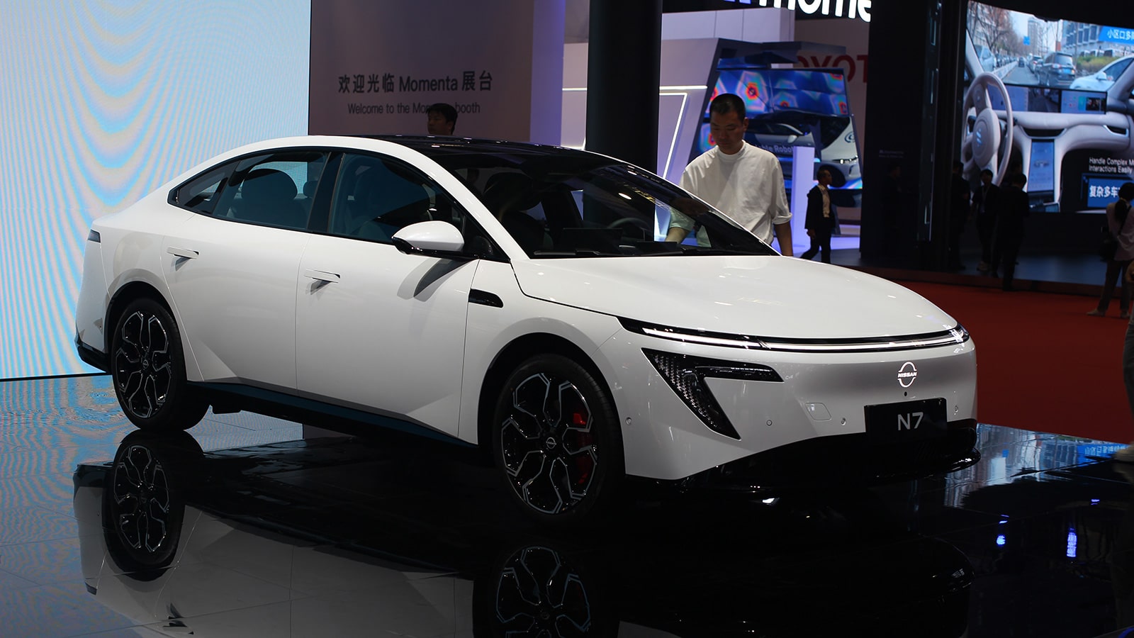 A Nissan N7 electric sedan displayed at the Shanghai auto show in April 2025.