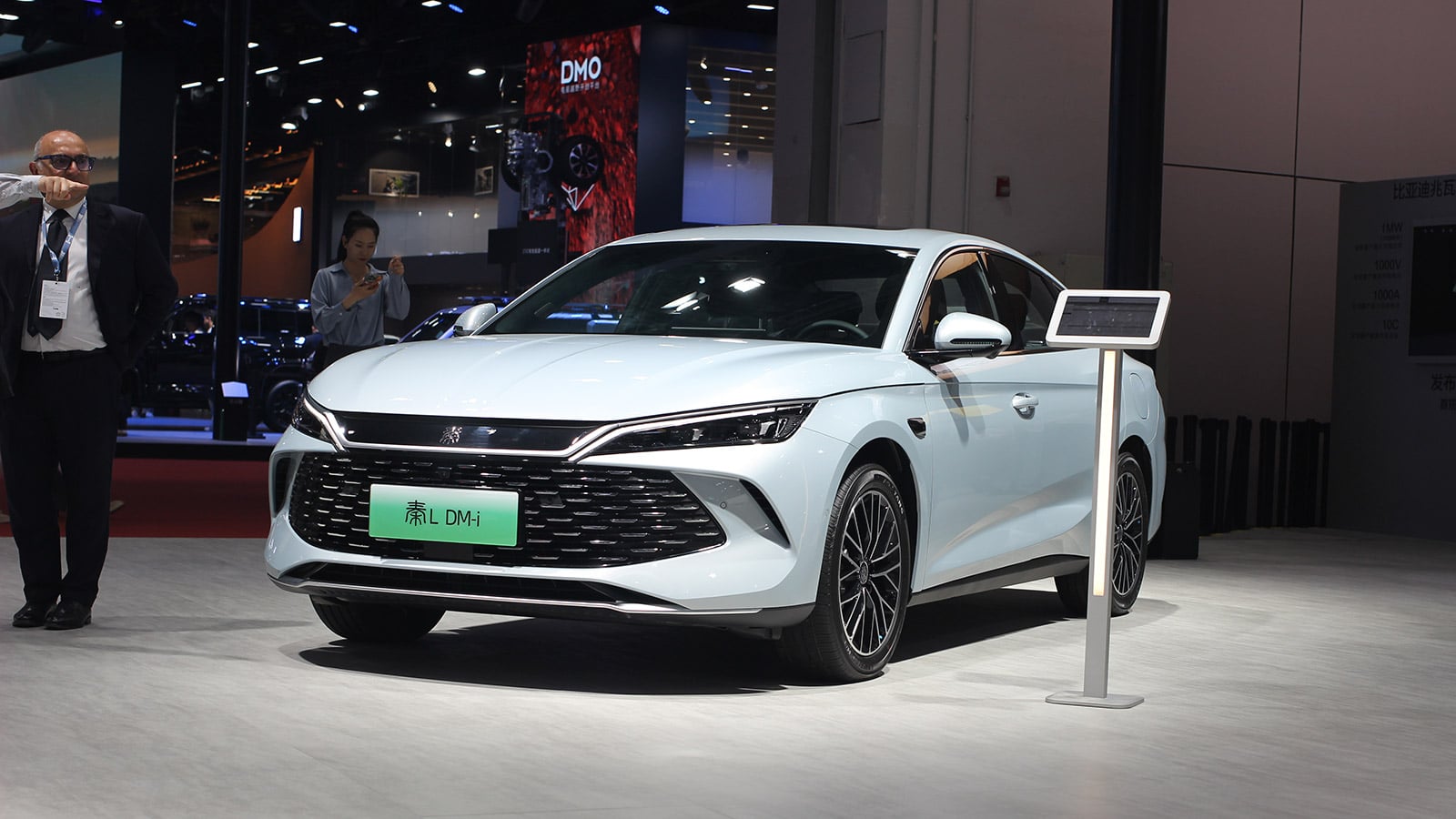 A BYD Qin L DM-i hybrid sedan displayed at the Shanghai auto show in April 2025.