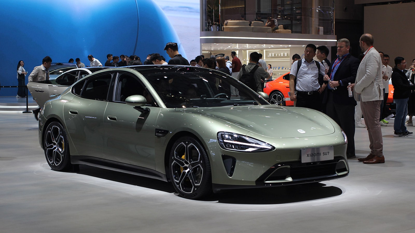 A Xiaomi SU7 displayed at the April 2025 Shanghai auto show.
